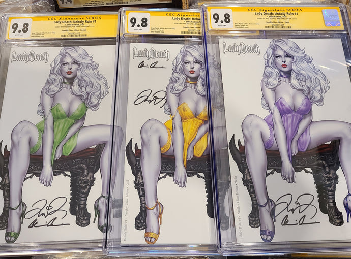 Lady Death: Unholy Ruin #1 Emerald/Gold/Violet Chase Variants CGC 9.8 SS Signed by Mike Debalfo and Brian Pulido