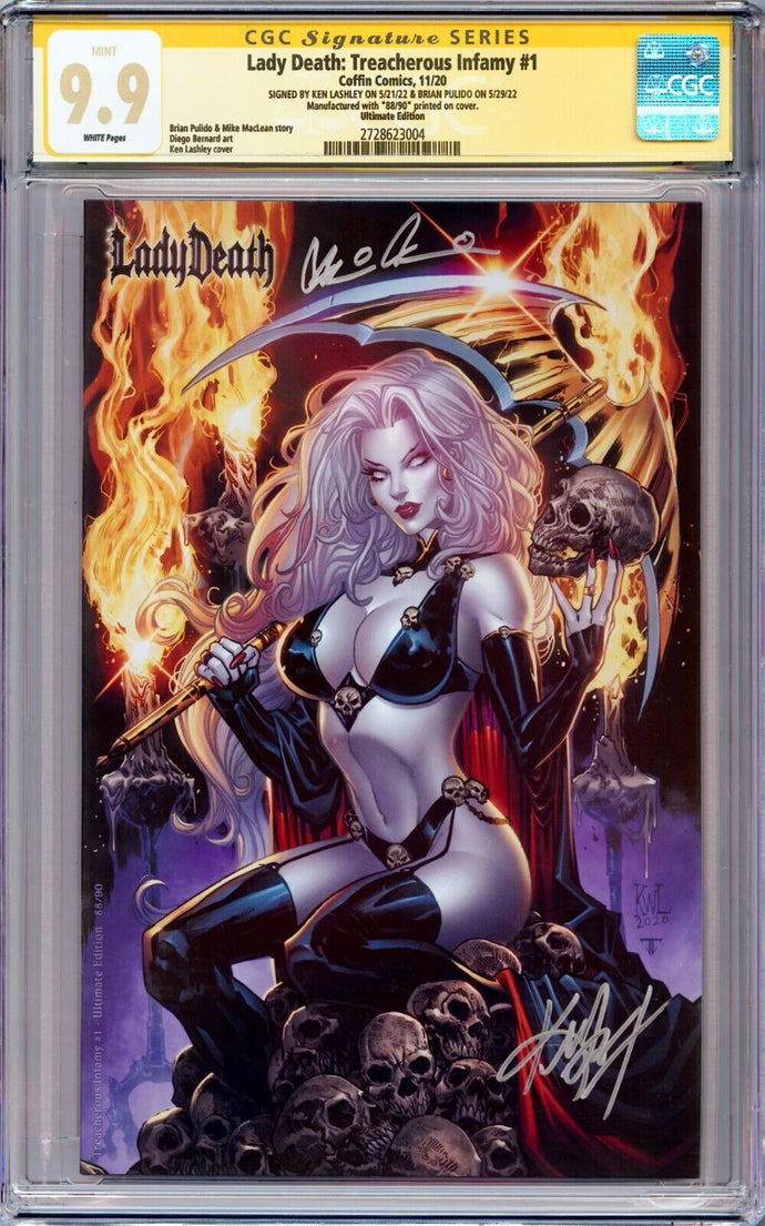 Lady Death Treacherous Infamy #1 Ultimate Variant CGC 9.9 SS Signed Ken Lashely and Brian Pulido